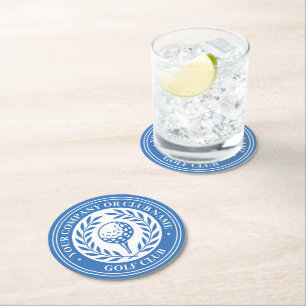 Classic Personalized Golf Club Company Name Blue Round Paper Coaster