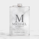 Classic Personalized Groomsman Monogram and Name Hip Flask<br><div class="desc">Classic Personalized Groomsman Gifts featuring personalized monogram, groomsman's name and title in grey classic serif font style on white marble background. Also perfect for best man, father of the bride and more. Please note: The marble details are simulated in the artwork. No actual marble will be used in the making...</div>