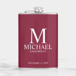 Classic Personalized Groomsman Monogram and Name Hip Flask<br><div class="desc">Classic Personalized Groomsman Gifts
featuring personalized monogram,  groomsman's name and title in white classic serif font style on burgundy red background.

Also perfect for best man,  father of the bride and more.</div>