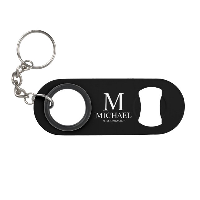 Classic Personalized Groomsman Monogram and Name Keychain Bottle Opener (Front (Horizontal))