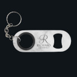 Classic Personalized Groomsman Monogram and Name Keychain Bottle Opener<br><div class="desc">Personalized Groomsman Gifts featuring personalized monogram in grey elegant script font style with groomsman's name and title in classic serif font style on white marble background. Perfect as a personalized gift for groomsmen, best man, father of the bride, or anyone special in your wedding party. Please note: The marble details...</div>