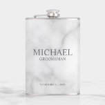 Classic Personalized Groomsman Name Hip Flask<br><div class="desc">Classic Personalized Groomsman Gifts featuring personalized groomsman's name, title and wedding date in grey classic serif font style on white marble background. Also perfect for Best Man, Father of the Bride and more. Please note: The marble details are simulated in the artwork. No actual marble will be used in the...</div>