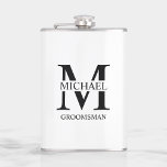 Classic Personalized Groomsman Name Hip Flask<br><div class="desc">Classic Personalized Groomsman Gifts
featuring personalized groomsman's monogram and name,  with title in black classic serif font style on white background.

Also perfect for Best Man,  Father of the Bride and more.</div>
