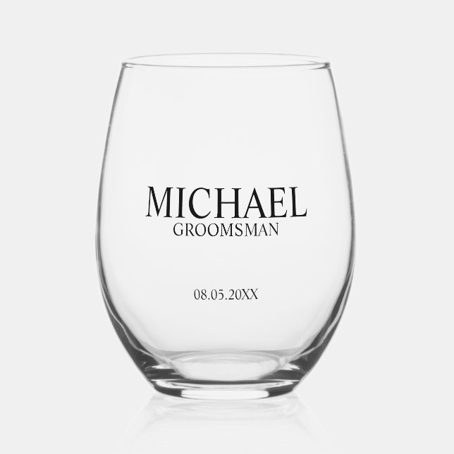 Classic Personalized Groomsman Name Stemless Wine Glass (Front)