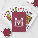 Classic Personalized Groomsmen Monogram and Name Playing Cards<br><div class="desc">Classic Personalized Groomsmen Gifts
featuring personalized groomsman's monogram,  name and title in white classic serif font style on burgundy red background.

Also perfect for best man,  father of the bride and more.</div>