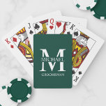 Classic Personalized Groomsmen Monogram and Name Playing Cards<br><div class="desc">Classic Personalized Groomsmen Gifts
featuring personalized groomsman's monogram,  name and title in white classic serif font style on emerald green background.

Also perfect for best man,  father of the bride and more.</div>