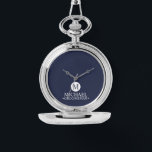 Classic Personalized Groomsmen Monogram and Name Watch<br><div class="desc">Add a personal touch to your wedding with a customized groomsmen gift! This stylish gift features a navy blue background with an initial inside a white circle. The name and title are written in a classic white serif font. A meaningful keepsake, this thoughtful gift is also perfect for your best...</div>
