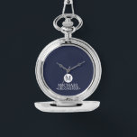 Classic Personalized Groomsmen Monogram and Name Watch<br><div class="desc">Add a personal touch to your wedding with a customized groomsmen gift! This stylish gift features a navy blue background with an initial inside a white circle. The name and title are written in a classic white serif font. A meaningful keepsake, this thoughtful gift is also perfect for your best...</div>