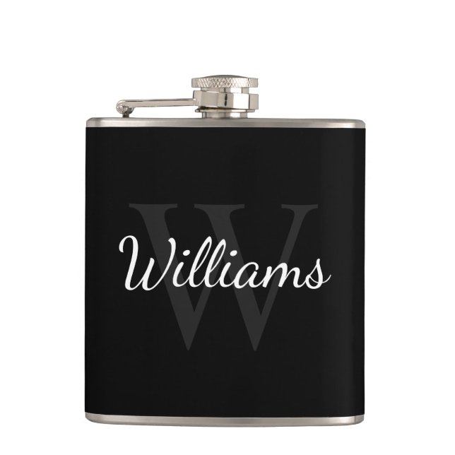 Classic Personalized Monogram and Name Black Hip Flask (Front)