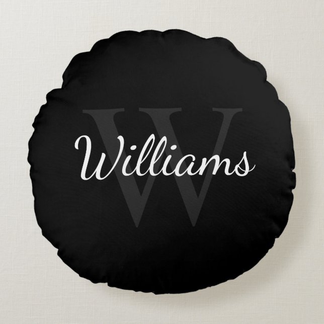 Classic Personalized Monogram and Name Black Round Pillow (Front)
