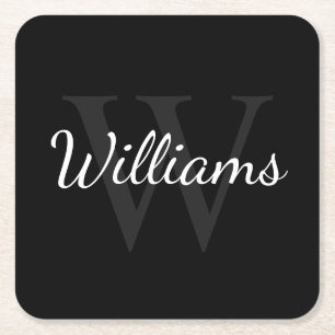 Classic Personalized Monogram and Name Black Square Paper Coaster