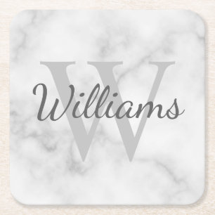 Classic Personalized Monogram and Name Marble Look Square Paper Coaster