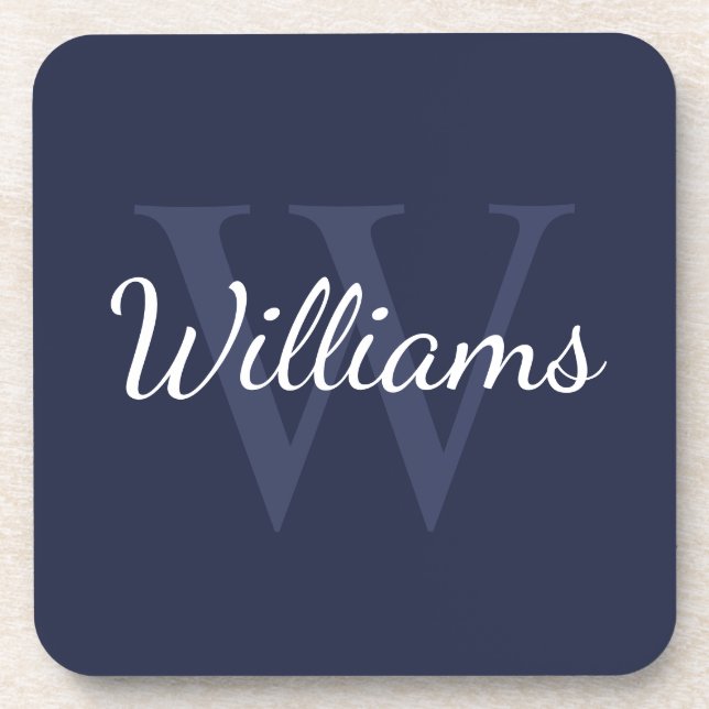 Classic Personalized Monogram and Name Navy Blue Coaster (Front)