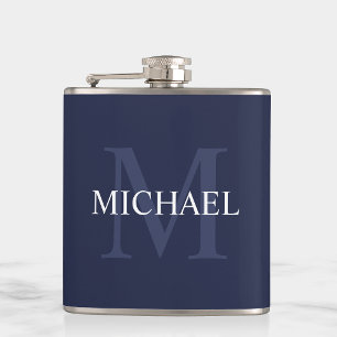 Classic Personalized Monogram and Name Navy Blue Hip Flask