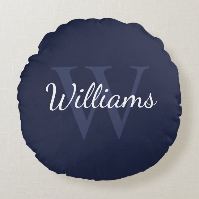Classic Personalized Monogram and Name Navy Blue Round Pillow (Front)