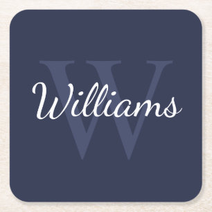 Classic Personalized Monogram and Name Navy Blue Square Paper Coaster