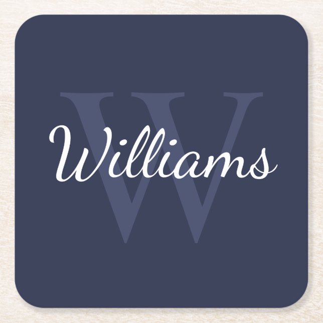 Classic Personalized Monogram and Name Navy Blue Square Paper Coaster (Front)