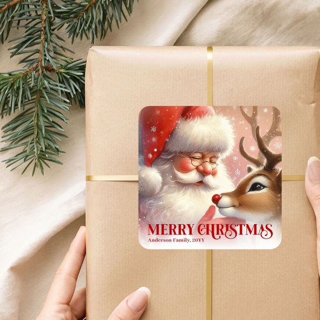 Classic Personalized Santa Rudolph Christmas Kids Square Sticker (Classic Personalized Santa Rudolph Christmas Sticker)