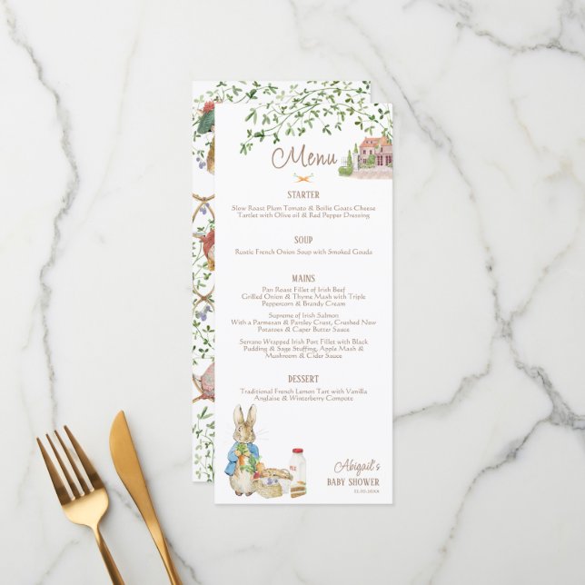 Classic Peter the Rabbit Beatrix Baby Shower Menu (Front/Back In Situ)