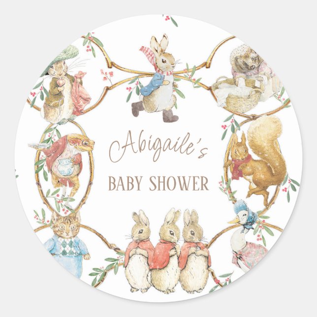 Classic Peter the Rabbit Winter Baby Shower Classic Round Sticker (Front)