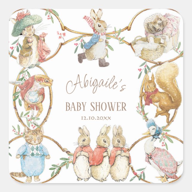 Classic Peter the Rabbit Winter Baby Shower Square Sticker (Front)