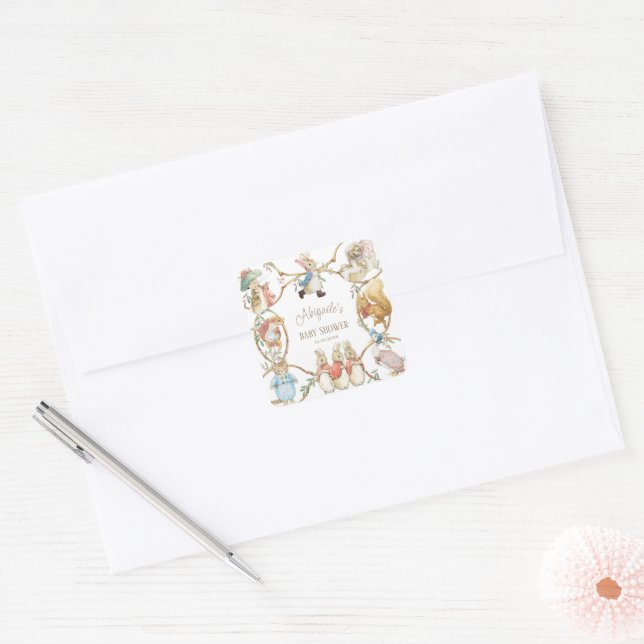 Classic Peter the Rabbit Winter Baby Shower Square Sticker (Envelope)