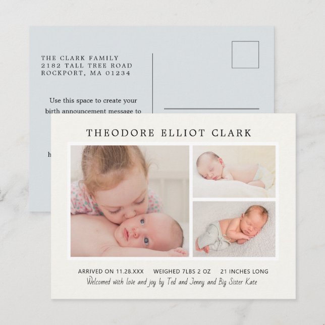 Classic Photo Collage Blue Handsome Boy Birth Anno Postcard (Front/Back)