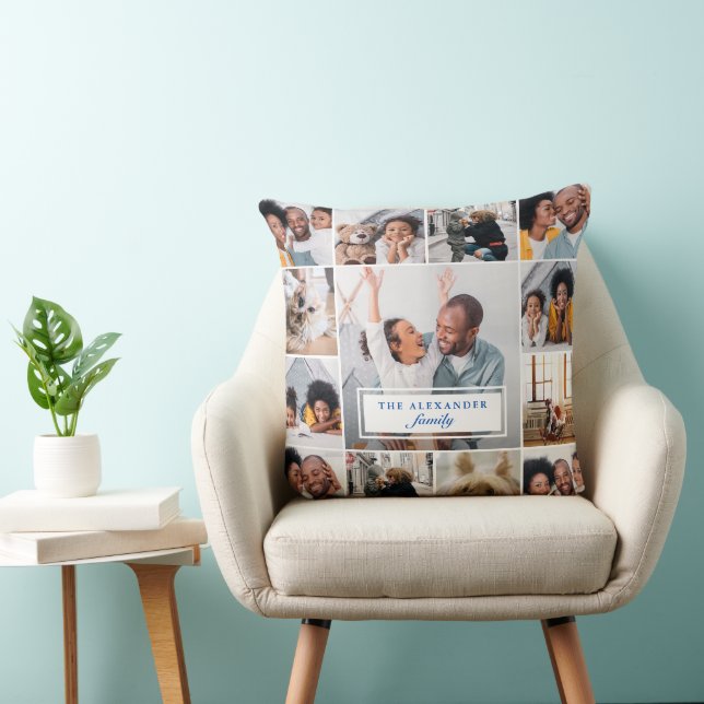 Classic Photo Collage Coussin avec nom de famille (Chaise)