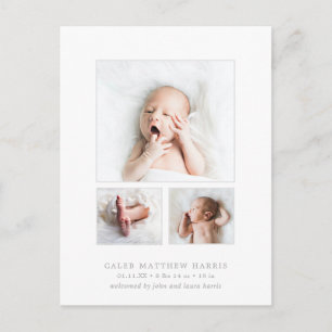 Classic Photo Collage Grey Baby Boy Birth Announcement Postcard