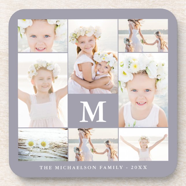 Classic Photo Collage with Monogram and Name Coaster (Front)