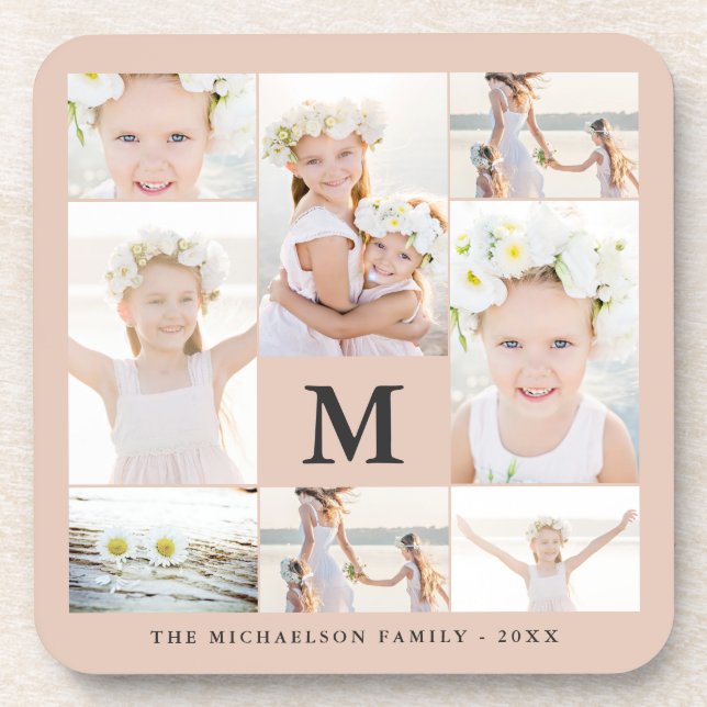 Classic Photo Collage with Monogram and Name Coaster (Front)