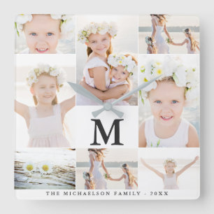 Classic Photo Collage with Monogram and Name Square Wall Clock