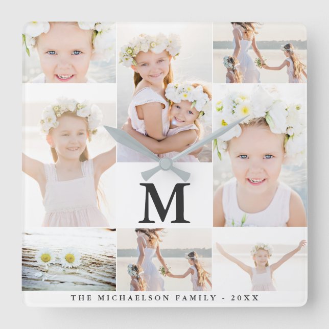 Classic Photo Collage with Monogram and Name Square Wall Clock (Front)