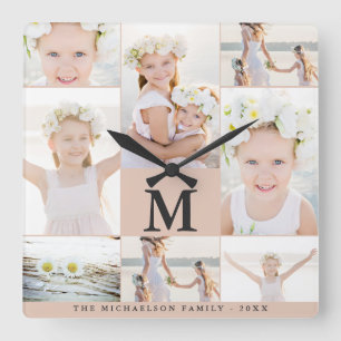 Classic Photo Collage with Monogram and Name Square Wall Clock