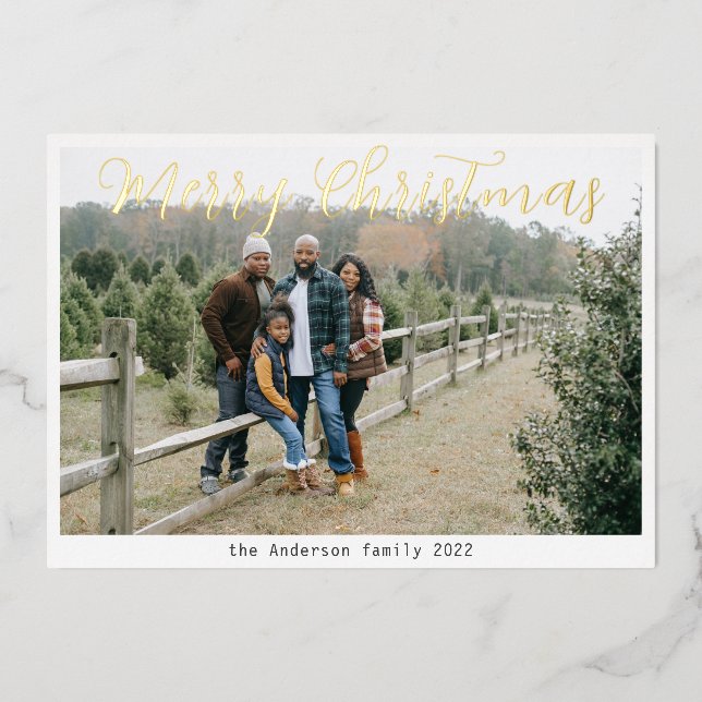 Classic Photo Greeting Merry Christmas Gold Script Foil Holiday Card (Front)