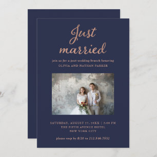Classic Photo   Navy and Rose Gold Just Married Invitation