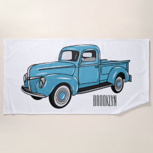 Classic pick up truck cartoon illustration beach towel