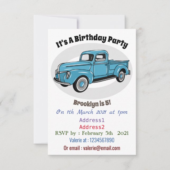 Classic pick up truck cartoon illustration invitation (Front)