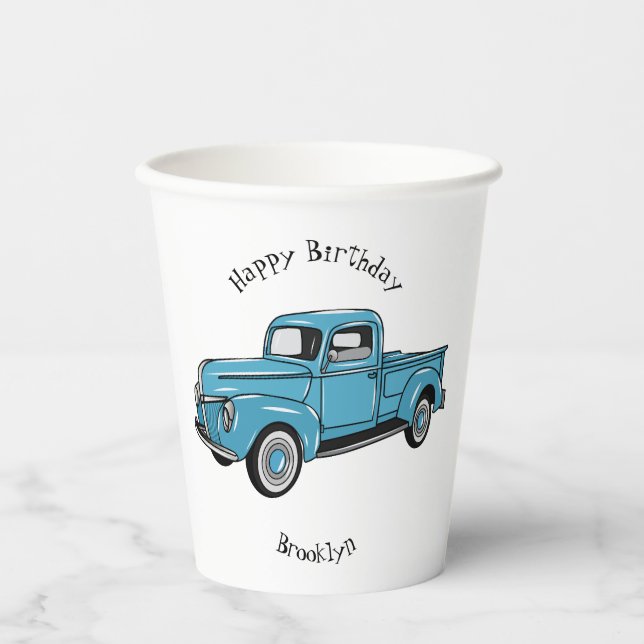 Classic pick up truck cartoon illustration paper cups (Front)