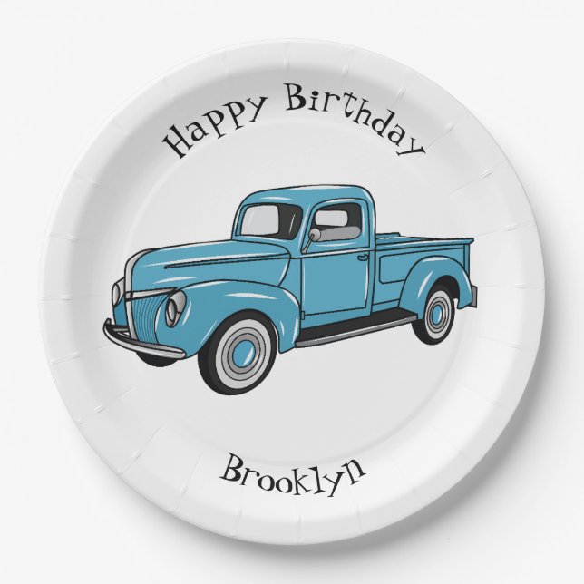Classic pick up truck cartoon illustration paper plate (Front)