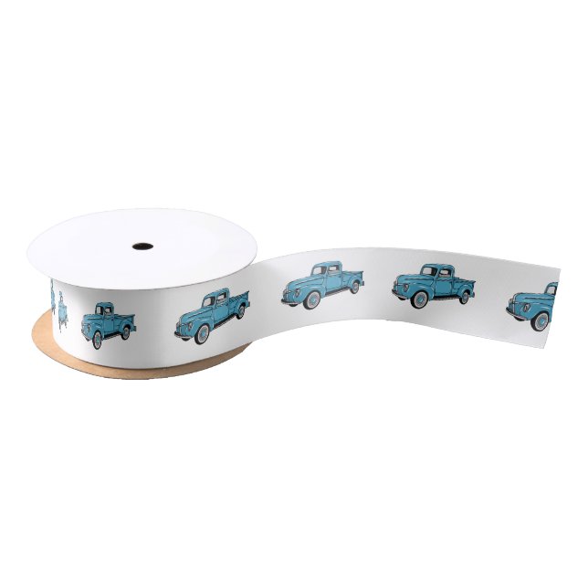 Classic pick up truck cartoon illustration satin ribbon (Spool)