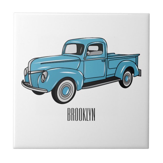 Classic pick up truck cartoon illustration tile (Front)