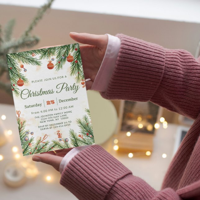 Classic Pine & Ornament Christmas Party Invitation (Creator Uploaded)