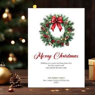 Classic Pine Wreath Watercolor Christmas Greeting Holiday Card