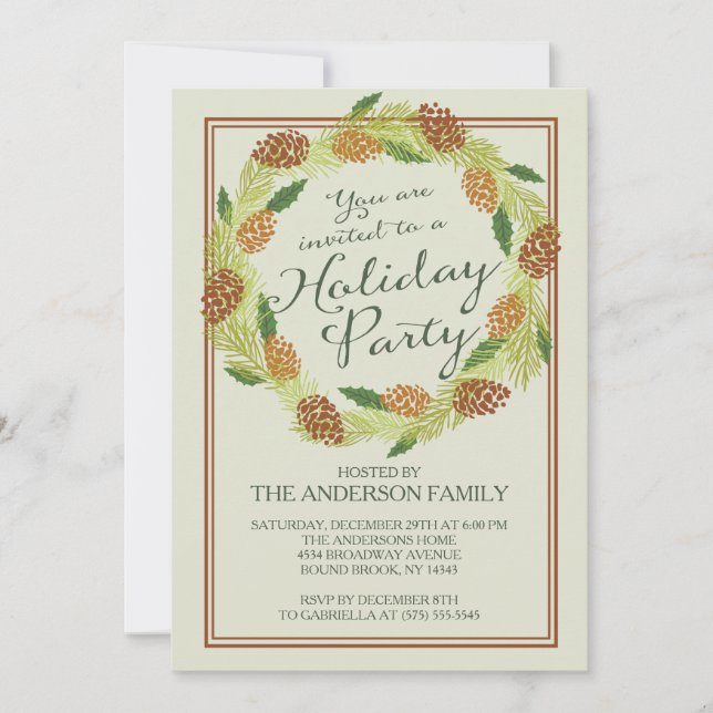 Classic Pinecone Wreath Holiday Party Invitation (Front)