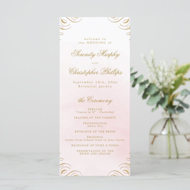 Classic pink and gold Calligraphy Wedding Program (Standing Front)