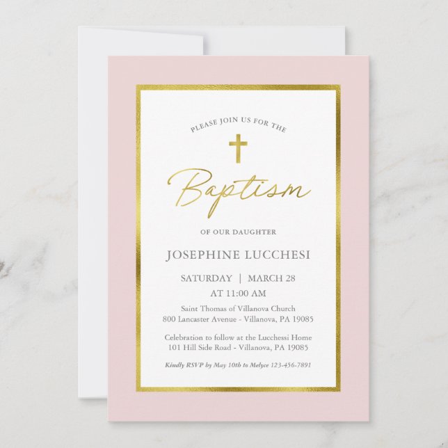 Classic Pink and Gold Script Baptism Invitation (Front)