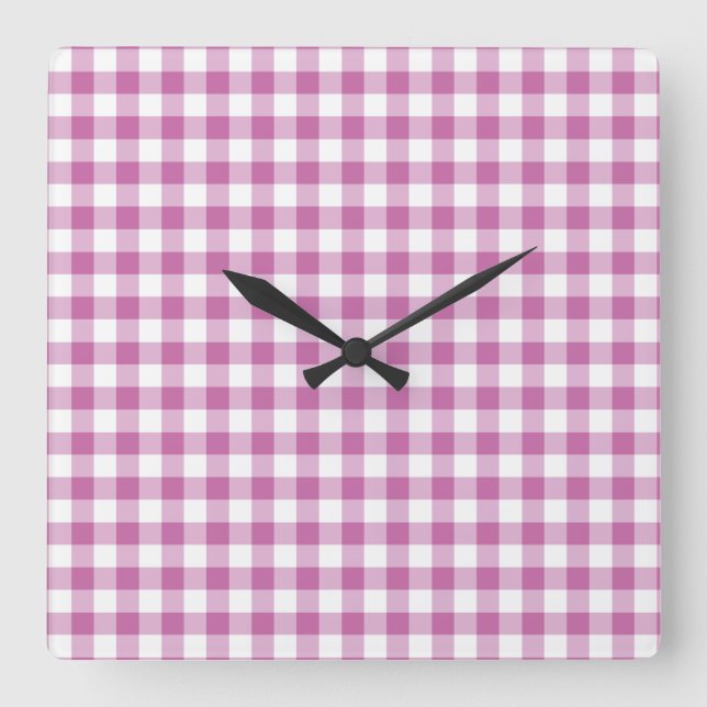 Classic Pink And White Gingham Pattern Square Wall Clock (Front)