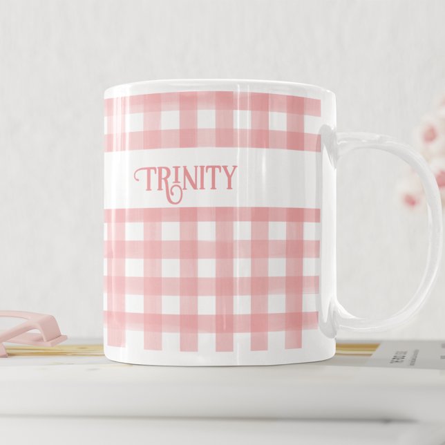 Classic Pink and White Gingham Plaid Personalized Coffee Mug (Creator Uploaded)
