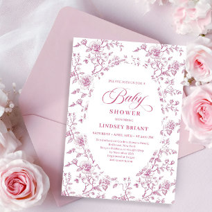 Classic Pink and White Roses Toile Baby Shower  Invitation